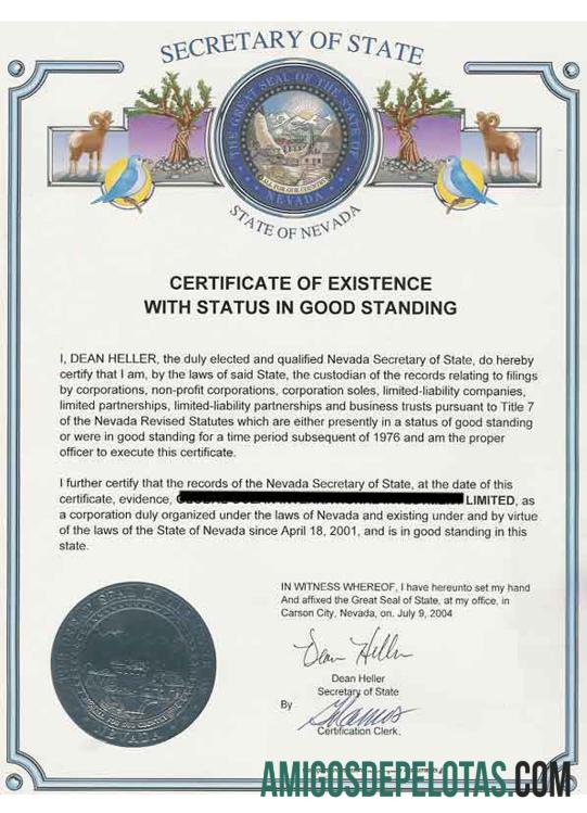 USA Nevada Certificate Of Good Standing modelo